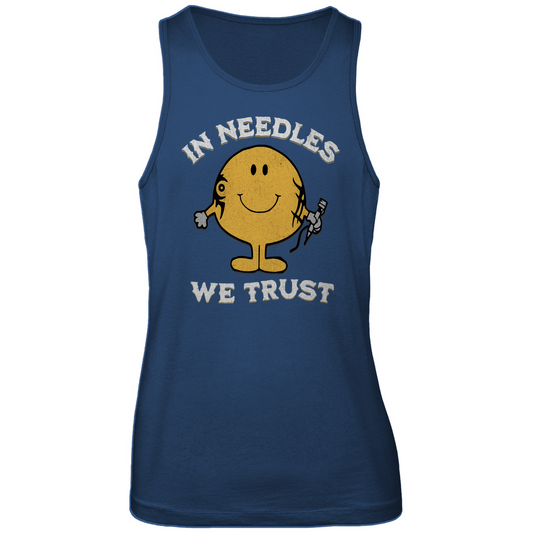 In needles we trust - Herren Tank Top Clothes  Blau S  Tattoo Fashion von inked-mafia.de. Dieses Teil gehört in jeden Kleiderschrank eines inked-rebels! Finde ideale Geschenke für Tätowierte, Tattoofans oder Tätowierer.