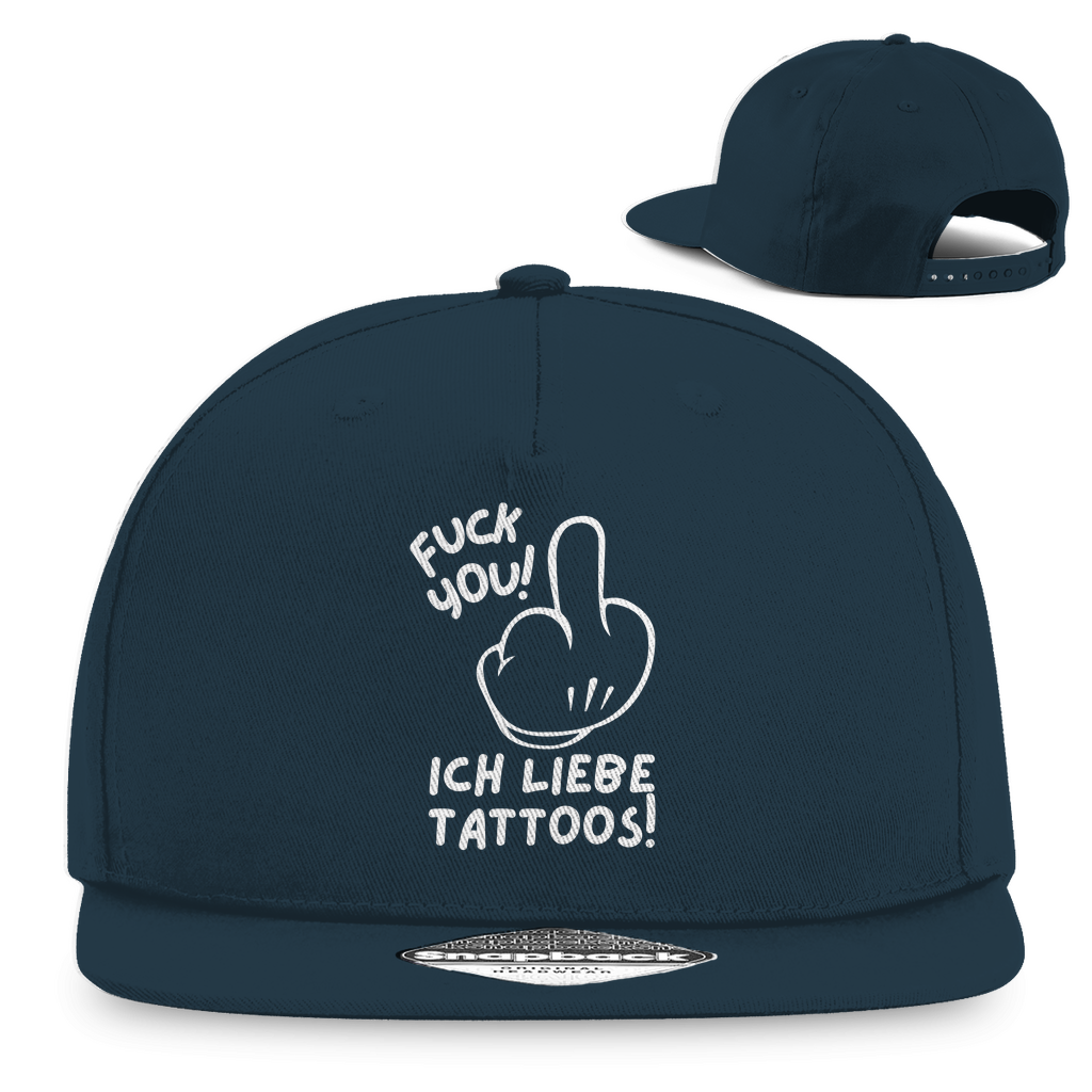 Fuck you - Snapback Cap Accessories Navy Blue Tattoo Fashion von inked-mafia.de. Dieses Teil gehört in jeden Kleiderschrank eines inked-rebels! Finde ideale Geschenke für Tätowierte, Tattoofans oder Tätowierer.