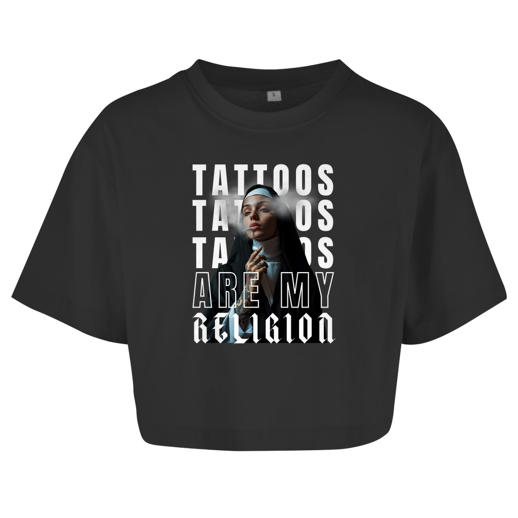 Religion - Damen Oversized Crop Top Clothes Schwarz XS Tattoo Fashion von inked-mafia.de. Dieses Teil gehört in jeden Kleiderschrank eines inked-rebels! Finde ideale Geschenke für Tätowierte, Tattoofans oder Tätowierer.