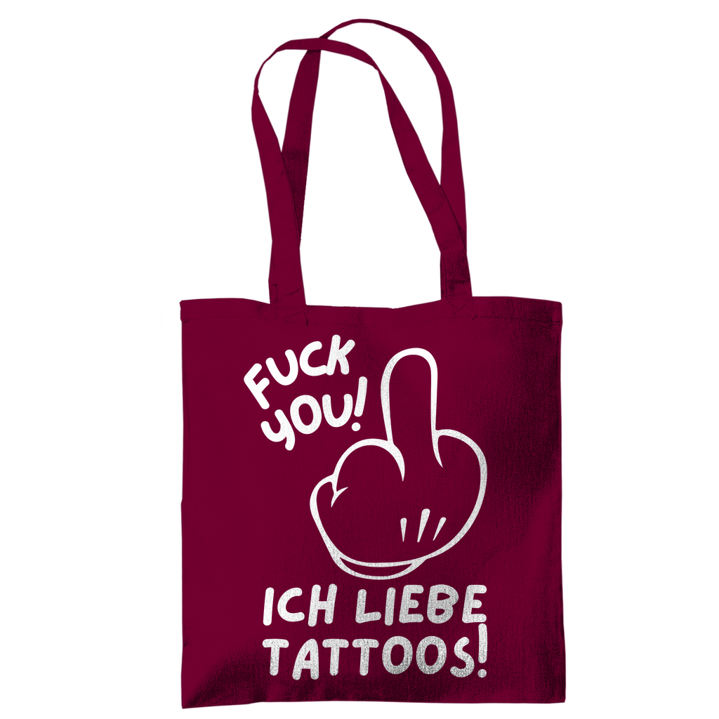 Fuck you - Jutebeutel Accessories Burgundy Tattoo Fashion von inked-mafia.de. Dieses Teil gehört in jeden Kleiderschrank eines inked-rebels! Finde ideale Geschenke für Tätowierte, Tattoofans oder Tätowierer.