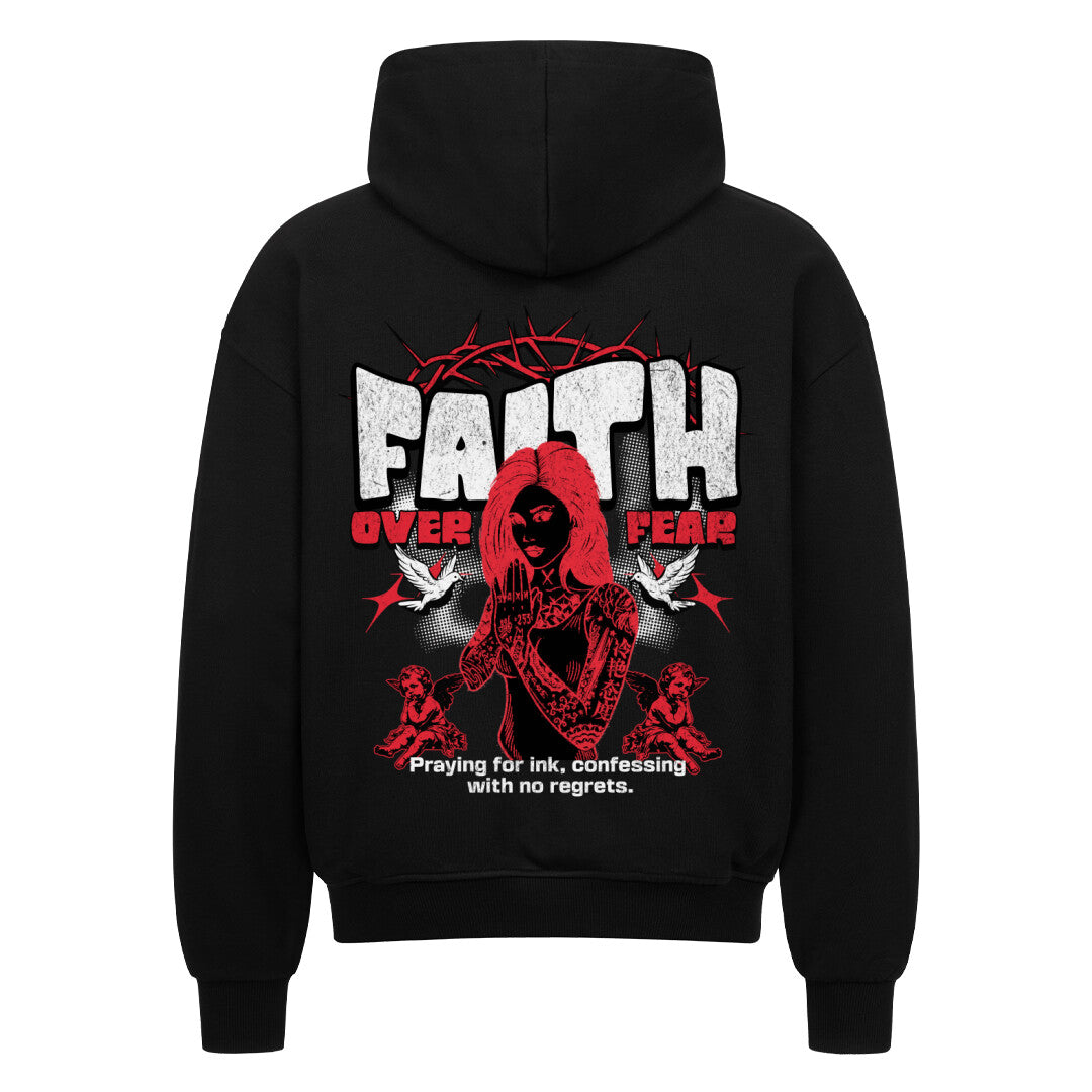 Faith over fear - Heavy Oversized Backprint Zipper Hoodie  S Schwarz  Tattoo Fashion von inked-mafia.de. Dieses Teil gehört in jeden Kleiderschrank eines inked-rebels! Finde ideale Geschenke für Tätowierte, Tattoofans oder Tätowierer.