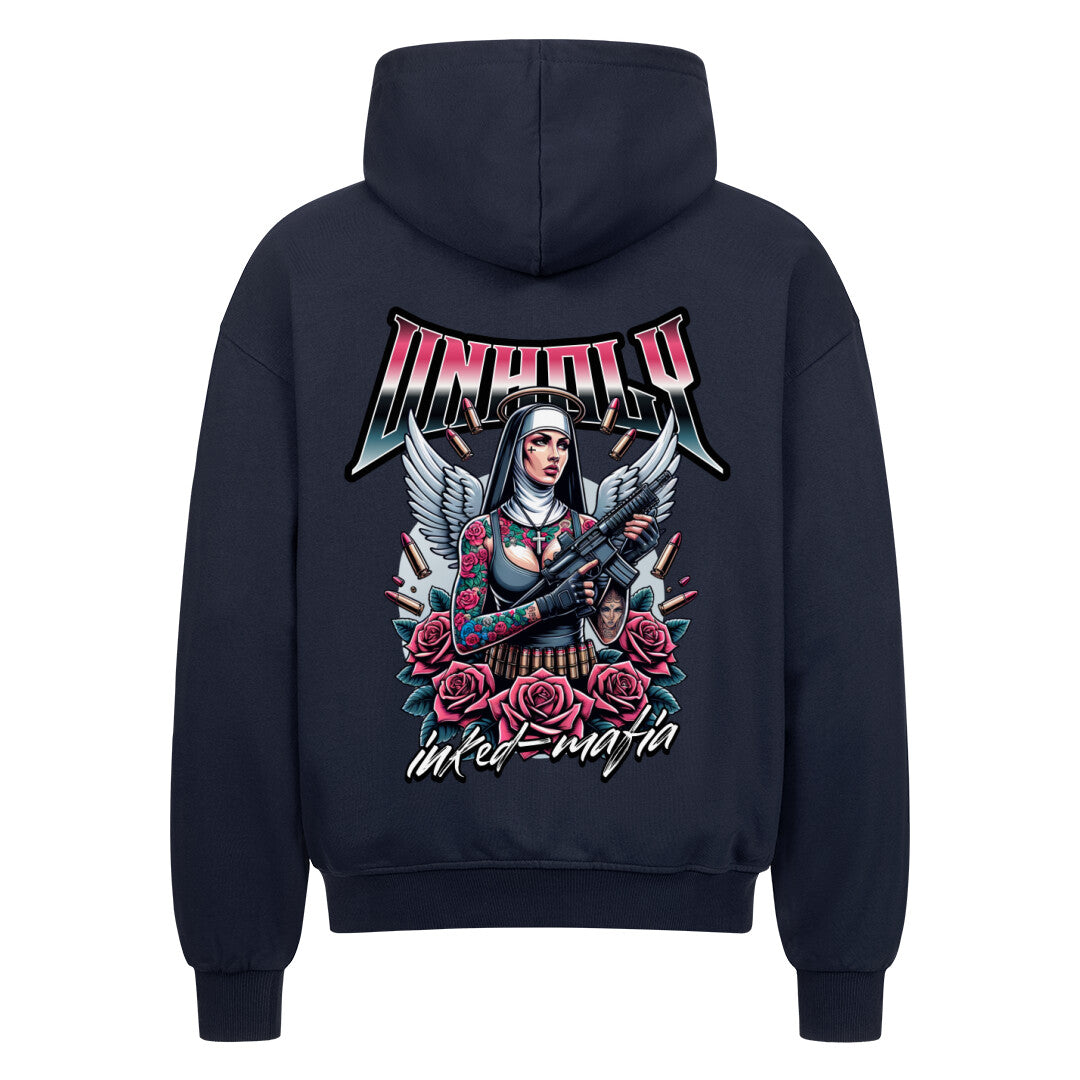 Unholy - Heavy Oversized Backprint Zipper Hoodie  S Navy Blue  Tattoo Fashion von inked-mafia.de. Dieses Teil gehört in jeden Kleiderschrank eines inked-rebels! Finde ideale Geschenke für Tätowierte, Tattoofans oder Tätowierer.