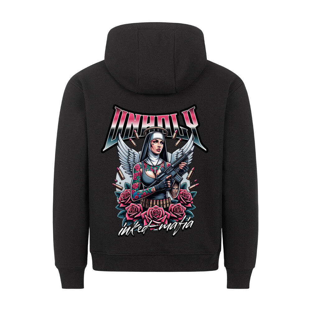 Unholy - Backprint Hoodie Hoodie  S Schwarz  Tattoo Fashion von inked-mafia.de. Dieses Teil gehört in jeden Kleiderschrank eines inked-rebels! Finde ideale Geschenke für Tätowierte, Tattoofans oder Tätowierer.