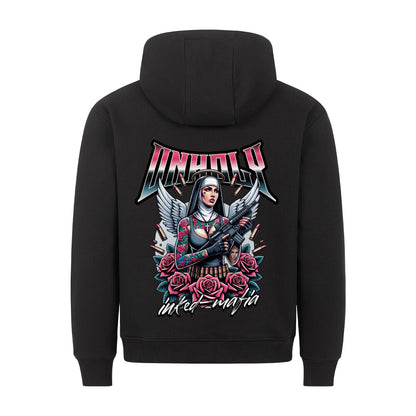 Unholy - Backprint Hoodie Hoodie  S Schwarz  Tattoo Fashion von inked-mafia.de. Dieses Teil gehört in jeden Kleiderschrank eines inked-rebels! Finde ideale Geschenke für Tätowierte, Tattoofans oder Tätowierer.