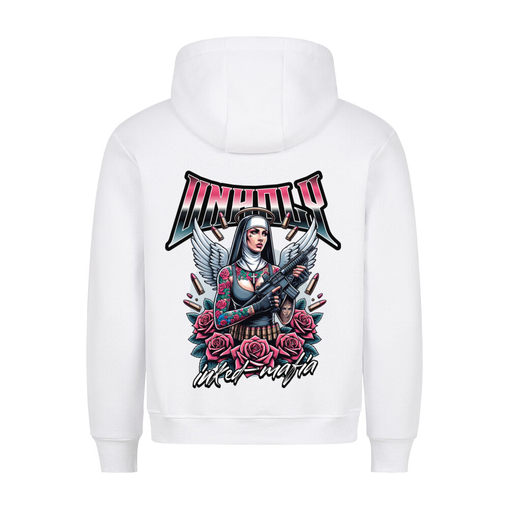 Unholy - Backprint Hoodie Hoodie  S Weiß  Tattoo Fashion von inked-mafia.de. Dieses Teil gehört in jeden Kleiderschrank eines inked-rebels! Finde ideale Geschenke für Tätowierte, Tattoofans oder Tätowierer.