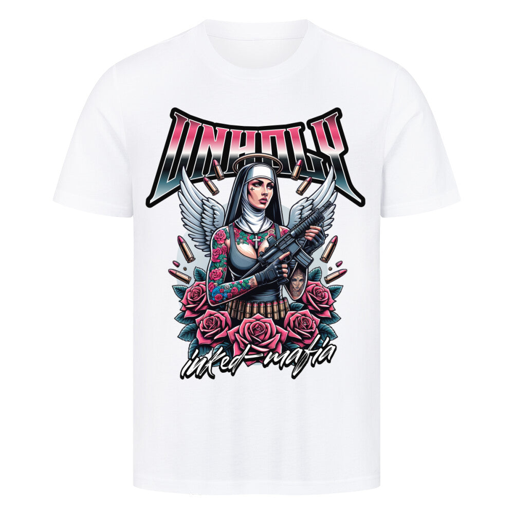 Unholy - Premium Shirt T-Shirt  S Weiß  Tattoo Fashion von inked-mafia.de. Dieses Teil gehört in jeden Kleiderschrank eines inked-rebels! Finde ideale Geschenke für Tätowierte, Tattoofans oder Tätowierer.