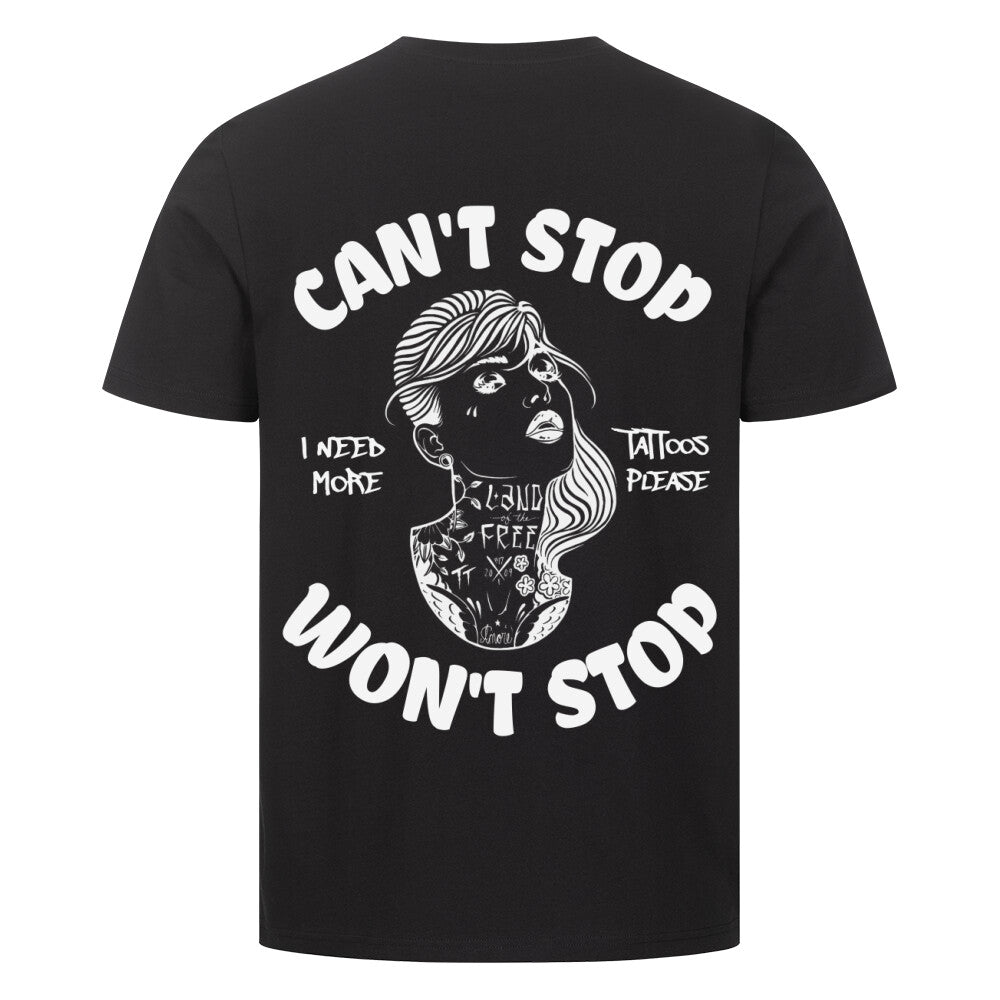 Can't stop - Premium Backprint Shirt T-Shirt  S Schwarz  Tattoo Fashion von inked-mafia.de. Dieses Teil gehört in jeden Kleiderschrank eines inked-rebels! Finde ideale Geschenke für Tätowierte, Tattoofans oder Tätowierer.