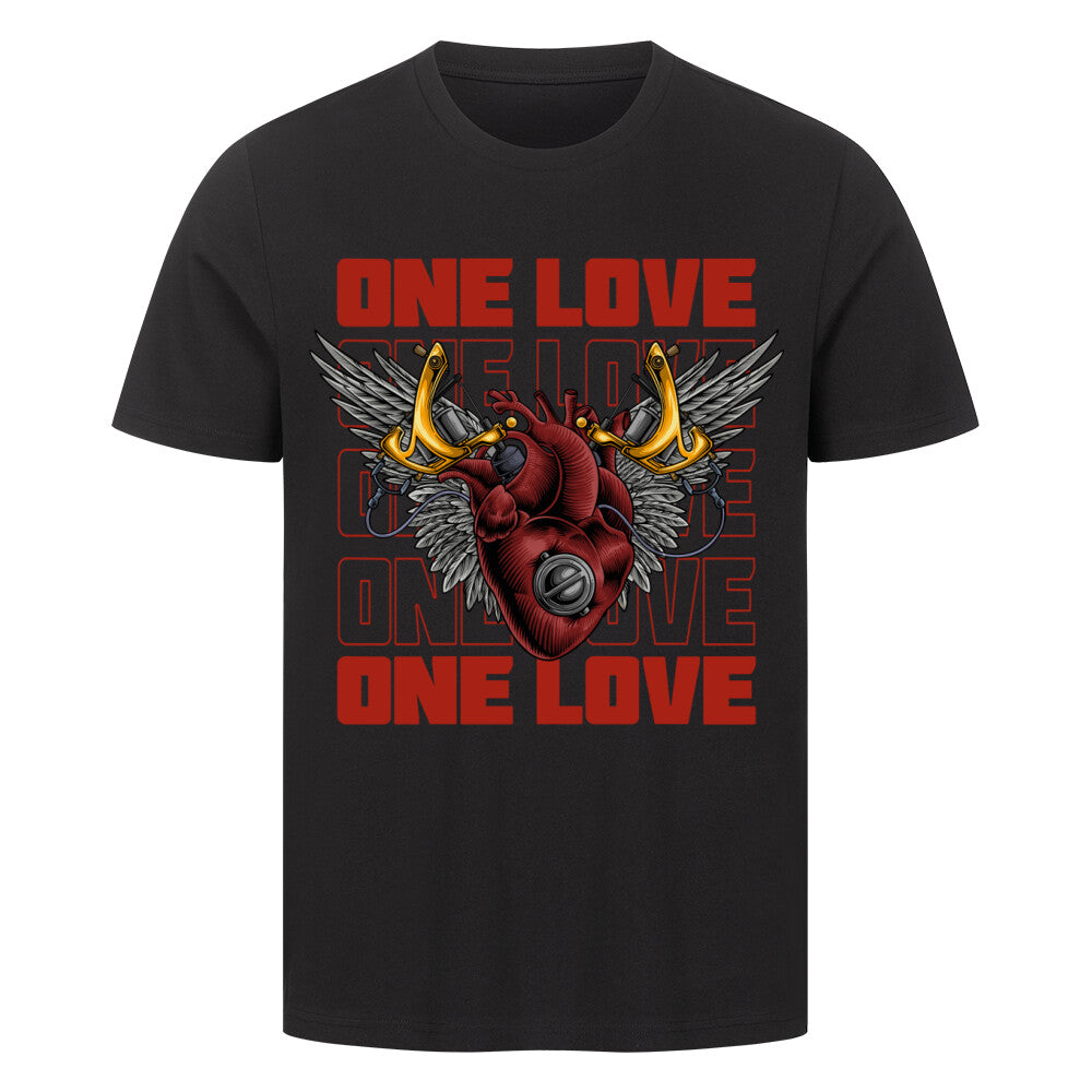 One Love - Premium Shirt T-Shirt  S Schwarz  Tattoo Fashion von inked-mafia.de. Dieses Teil gehört in jeden Kleiderschrank eines inked-rebels! Finde ideale Geschenke für Tätowierte, Tattoofans oder Tätowierer.