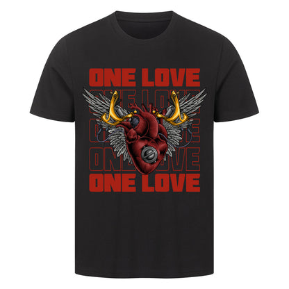 One Love - Premium Shirt T-Shirt  S Schwarz  Tattoo Fashion von inked-mafia.de. Dieses Teil gehört in jeden Kleiderschrank eines inked-rebels! Finde ideale Geschenke für Tätowierte, Tattoofans oder Tätowierer.