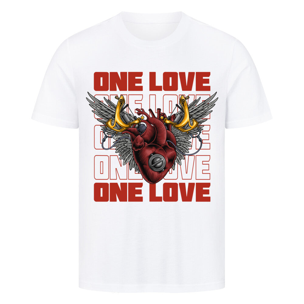 One Love - Premium Shirt T-Shirt  S Weiß  Tattoo Fashion von inked-mafia.de. Dieses Teil gehört in jeden Kleiderschrank eines inked-rebels! Finde ideale Geschenke für Tätowierte, Tattoofans oder Tätowierer.