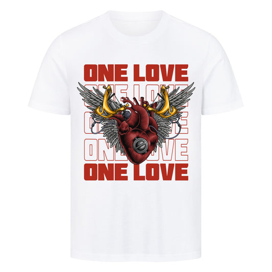 One Love - Premium Shirt T-Shirt  S Weiß  Tattoo Fashion von inked-mafia.de. Dieses Teil gehört in jeden Kleiderschrank eines inked-rebels! Finde ideale Geschenke für Tätowierte, Tattoofans oder Tätowierer.