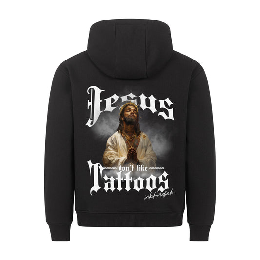 Jesus don't like tattoos - Backprint Hoodie Hoodie  S Schwarz  Tattoo Fashion von inked-mafia.de. Dieses Teil gehört in jeden Kleiderschrank eines inked-rebels! Finde ideale Geschenke für Tätowierte, Tattoofans oder Tätowierer.