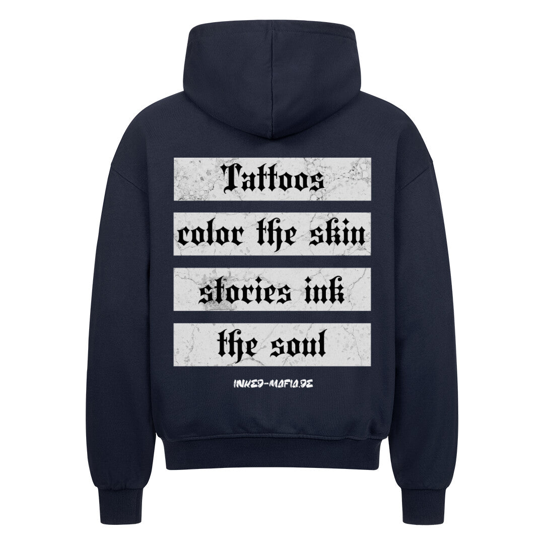 Tattoos color the skin - Heavy Oversized Backprint Zipper Hoodie  S Navy Blue  Tattoo Fashion von inked-mafia.de. Dieses Teil gehört in jeden Kleiderschrank eines inked-rebels! Finde ideale Geschenke für Tätowierte, Tattoofans oder Tätowierer.