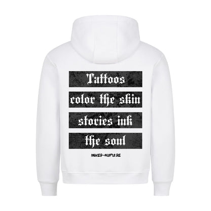 Tattoos color the skin - Backprint Hoodie Hoodie  S Weiß  Tattoo Fashion von inked-mafia.de. Dieses Teil gehört in jeden Kleiderschrank eines inked-rebels! Finde ideale Geschenke für Tätowierte, Tattoofans oder Tätowierer.