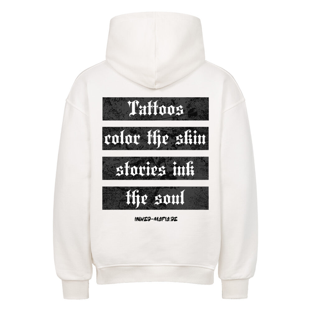 Tattoos color the skin - Heavy Oversized Backprint Hoodie Hoodie  XS Weiß  Tattoo Fashion von inked-mafia.de. Dieses Teil gehört in jeden Kleiderschrank eines inked-rebels! Finde ideale Geschenke für Tätowierte, Tattoofans oder Tätowierer.