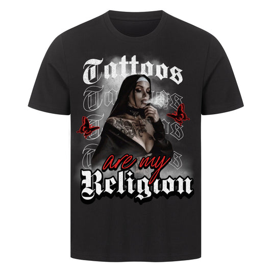 Religion - Premium Shirt T-Shirt  S Schwarz  Tattoo Fashion von inked-mafia.de. Dieses Teil gehört in jeden Kleiderschrank eines inked-rebels! Finde ideale Geschenke für Tätowierte, Tattoofans oder Tätowierer.