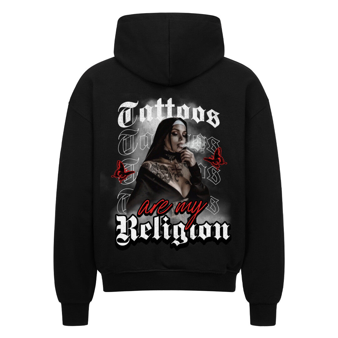 Religion - Heavy Oversized Backprint Zipper Hoodie  S Schwarz  Tattoo Fashion von inked-mafia.de. Dieses Teil gehört in jeden Kleiderschrank eines inked-rebels! Finde ideale Geschenke für Tätowierte, Tattoofans oder Tätowierer.