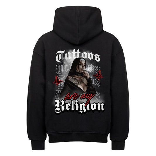 Religion - Heavy Oversized Backprint Hoodie Hoodie  XS Schwarz  Tattoo Fashion von inked-mafia.de. Dieses Teil gehört in jeden Kleiderschrank eines inked-rebels! Finde ideale Geschenke für Tätowierte, Tattoofans oder Tätowierer.