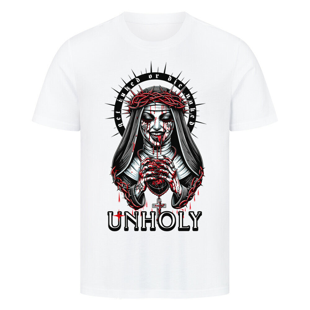 Unholy - Premium Shirt T-Shirt  S Weiß  Tattoo Fashion von inked-mafia.de. Dieses Teil gehört in jeden Kleiderschrank eines inked-rebels! Finde ideale Geschenke für Tätowierte, Tattoofans oder Tätowierer.