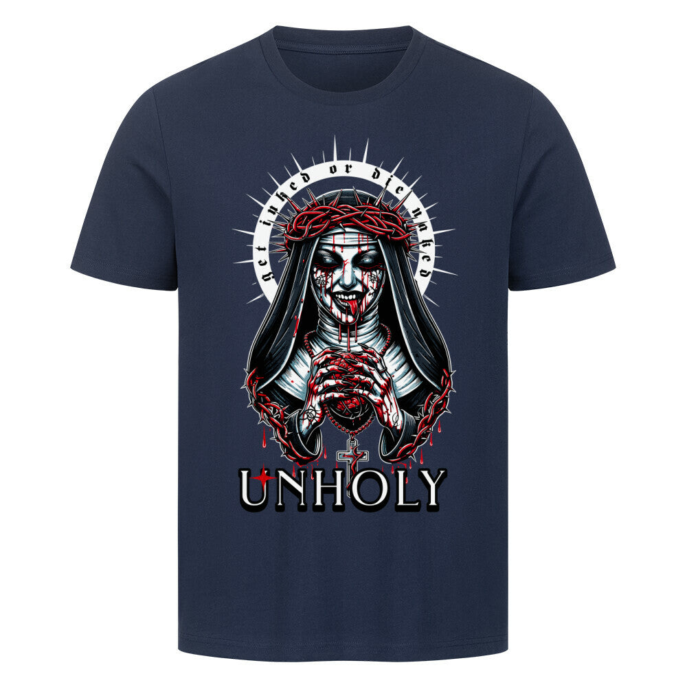 Unholy - Premium Shirt T-Shirt  S Navy Blue  Tattoo Fashion von inked-mafia.de. Dieses Teil gehört in jeden Kleiderschrank eines inked-rebels! Finde ideale Geschenke für Tätowierte, Tattoofans oder Tätowierer.