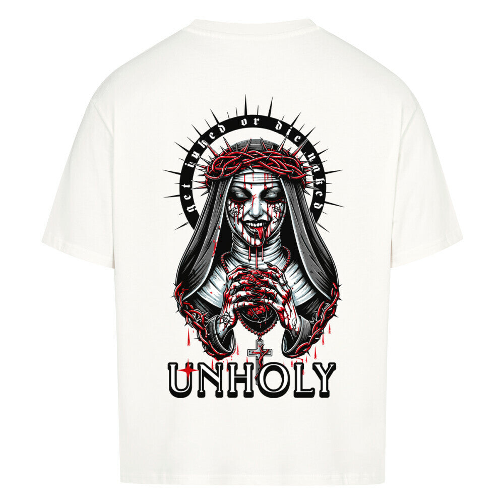 Unholy - Heavy Oversized Backprint Shirt T-Shirt  XS Weiß  Tattoo Fashion von inked-mafia.de. Dieses Teil gehört in jeden Kleiderschrank eines inked-rebels! Finde ideale Geschenke für Tätowierte, Tattoofans oder Tätowierer.