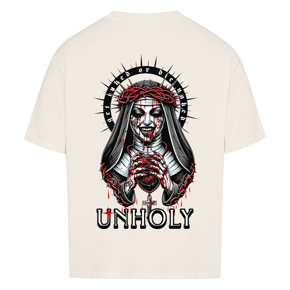 Unholy - Heavy Oversized Backprint Shirt T-Shirt  XS Beige  Tattoo Fashion von inked-mafia.de. Dieses Teil gehört in jeden Kleiderschrank eines inked-rebels! Finde ideale Geschenke für Tätowierte, Tattoofans oder Tätowierer.