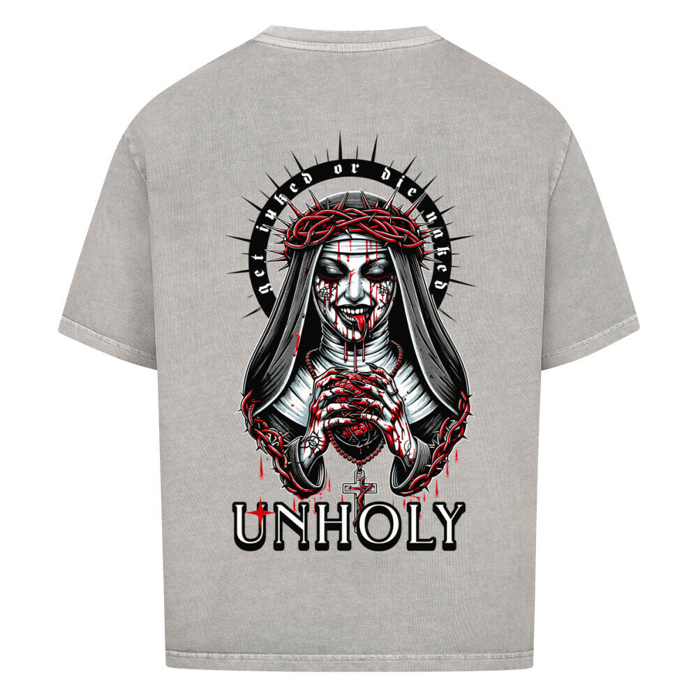 Unholy - Heavy Oversized Backprint Shirt T-Shirt  XS Washed Grey  Tattoo Fashion von inked-mafia.de. Dieses Teil gehört in jeden Kleiderschrank eines inked-rebels! Finde ideale Geschenke für Tätowierte, Tattoofans oder Tätowierer.