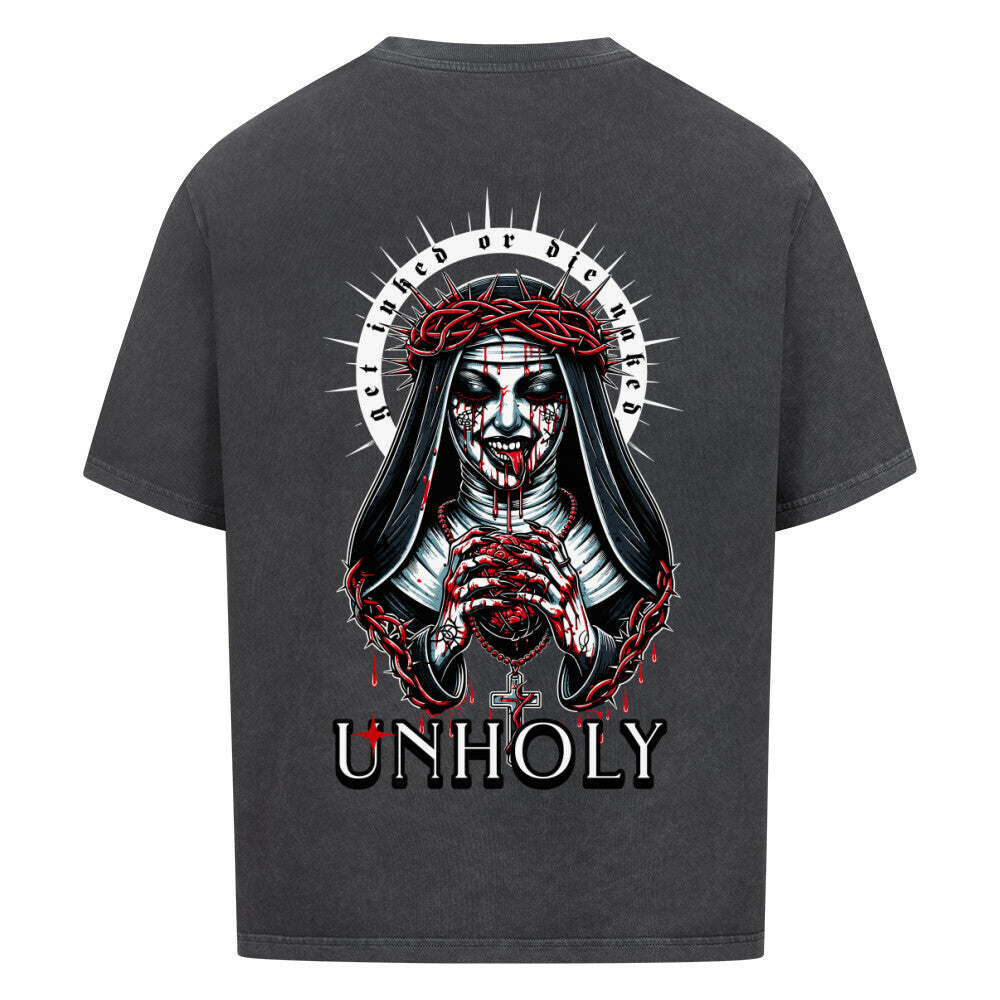 Unholy - Heavy Oversized Backprint Shirt T-Shirt  XS Washed Black  Tattoo Fashion von inked-mafia.de. Dieses Teil gehört in jeden Kleiderschrank eines inked-rebels! Finde ideale Geschenke für Tätowierte, Tattoofans oder Tätowierer.