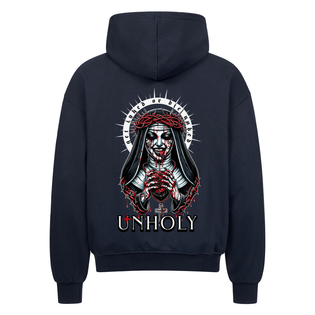 Unholy - Heavy Oversized Backprint Zipper Hoodie  S Navy Blue  Tattoo Fashion von inked-mafia.de. Dieses Teil gehört in jeden Kleiderschrank eines inked-rebels! Finde ideale Geschenke für Tätowierte, Tattoofans oder Tätowierer.