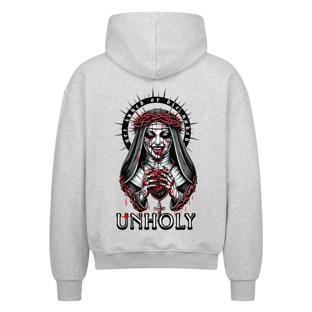 Unholy - Heavy Oversized Backprint Zipper Hoodie  S Grau  Tattoo Fashion von inked-mafia.de. Dieses Teil gehört in jeden Kleiderschrank eines inked-rebels! Finde ideale Geschenke für Tätowierte, Tattoofans oder Tätowierer.