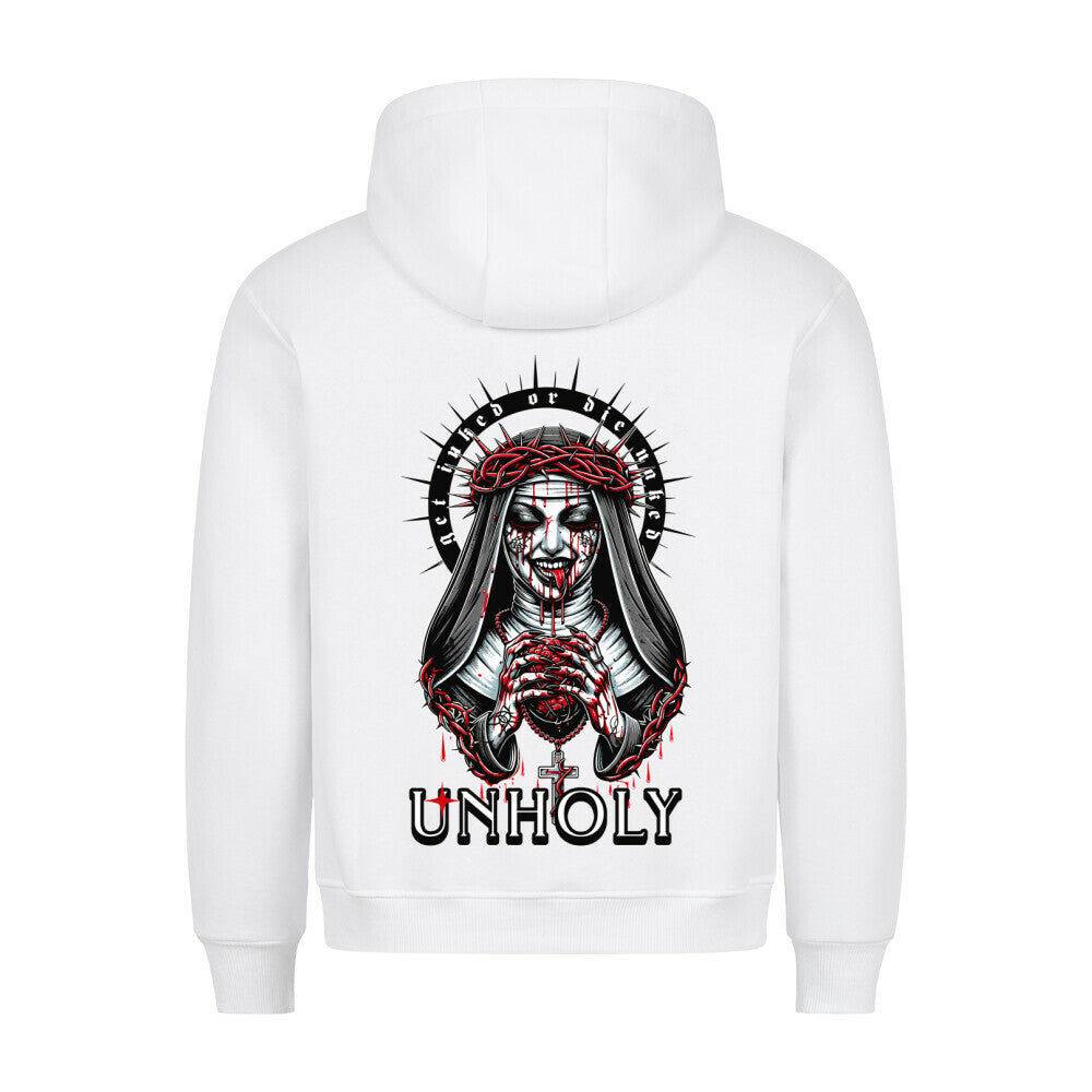 Unholy - Backprint Hoodie Hoodie  S Weiß  Tattoo Fashion von inked-mafia.de. Dieses Teil gehört in jeden Kleiderschrank eines inked-rebels! Finde ideale Geschenke für Tätowierte, Tattoofans oder Tätowierer.