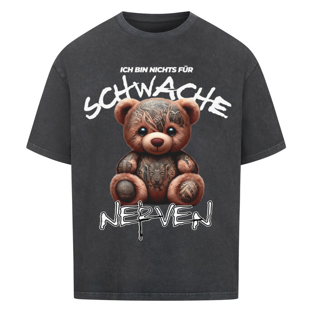 Schwache Nerven - Heavy Oversized Shirt T-Shirt  XS Washed Black  Tattoo Fashion von inked-mafia.de. Dieses Teil gehört in jeden Kleiderschrank eines inked-rebels! Finde ideale Geschenke für Tätowierte, Tattoofans oder Tätowierer.