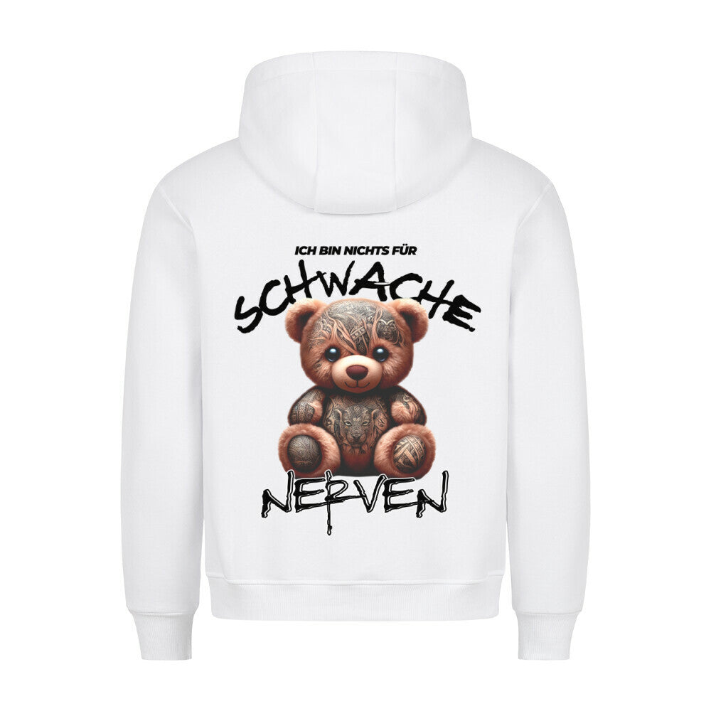 Schwache Nerven - Backprint Hoodie Hoodie  S Weiß  Tattoo Fashion von inked-mafia.de. Dieses Teil gehört in jeden Kleiderschrank eines inked-rebels! Finde ideale Geschenke für Tätowierte, Tattoofans oder Tätowierer.