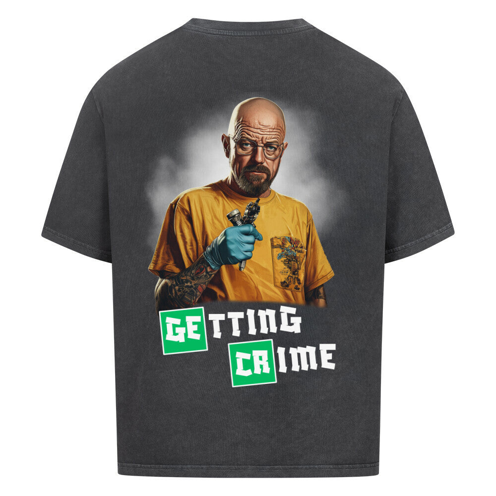 Getting Crime - Heavy Oversized Backprint Shirt T-Shirt  XS Washed Black  Tattoo Fashion von inked-mafia.de. Dieses Teil gehört in jeden Kleiderschrank eines inked-rebels! Finde ideale Geschenke für Tätowierte, Tattoofans oder Tätowierer.