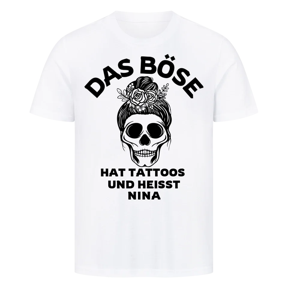 Das Böse - Premium Shirt (personalisiert) Customizer  Premium Shirt Weiß S Tattoo Fashion von inked-mafia.de. Dieses Teil gehört in jeden Kleiderschrank eines inked-rebels! Finde ideale Geschenke für Tätowierte, Tattoofans oder Tätowierer.