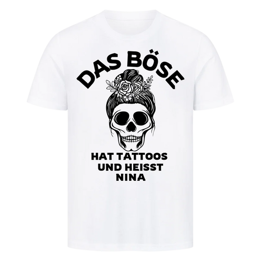 Das Böse - Premium Shirt (personalisiert) Customizer  Premium Shirt Weiß S Tattoo Fashion von inked-mafia.de. Dieses Teil gehört in jeden Kleiderschrank eines inked-rebels! Finde ideale Geschenke für Tätowierte, Tattoofans oder Tätowierer.