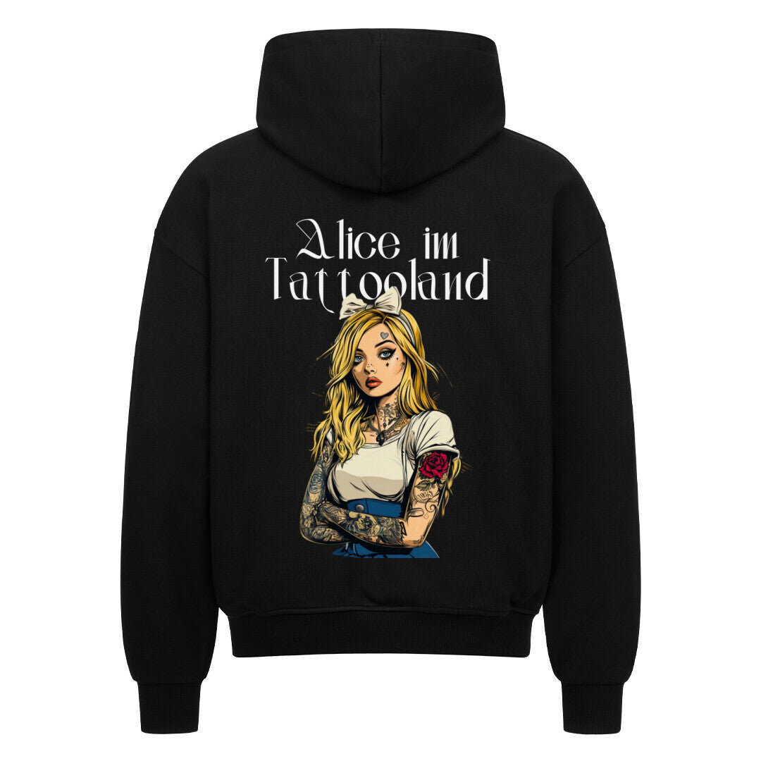 Alice - Heavy Oversized Backprint Zipper Hoodie  S Schwarz  Tattoo Fashion von inked-mafia.de. Dieses Teil gehört in jeden Kleiderschrank eines inked-rebels! Finde ideale Geschenke für Tätowierte, Tattoofans oder Tätowierer.