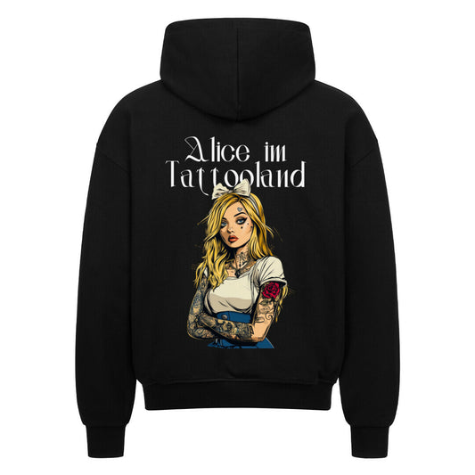 Alice - Heavy Oversized Backprint Zipper Hoodie  S Schwarz  Tattoo Fashion von inked-mafia.de. Dieses Teil gehört in jeden Kleiderschrank eines inked-rebels! Finde ideale Geschenke für Tätowierte, Tattoofans oder Tätowierer.