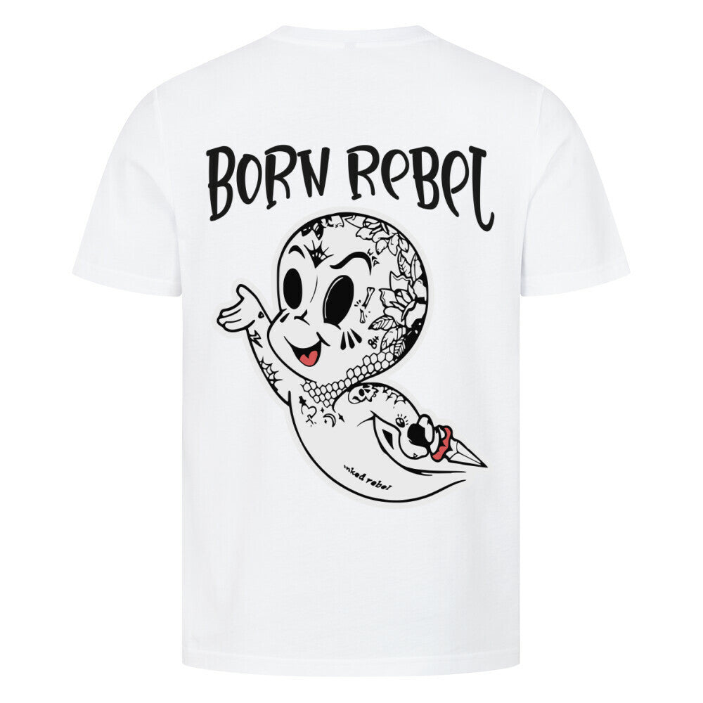 Born Rebel - Premium Backprint Shirt T-Shirt  S Weiß  Tattoo Fashion von inked-mafia.de. Dieses Teil gehört in jeden Kleiderschrank eines inked-rebels! Finde ideale Geschenke für Tätowierte, Tattoofans oder Tätowierer.