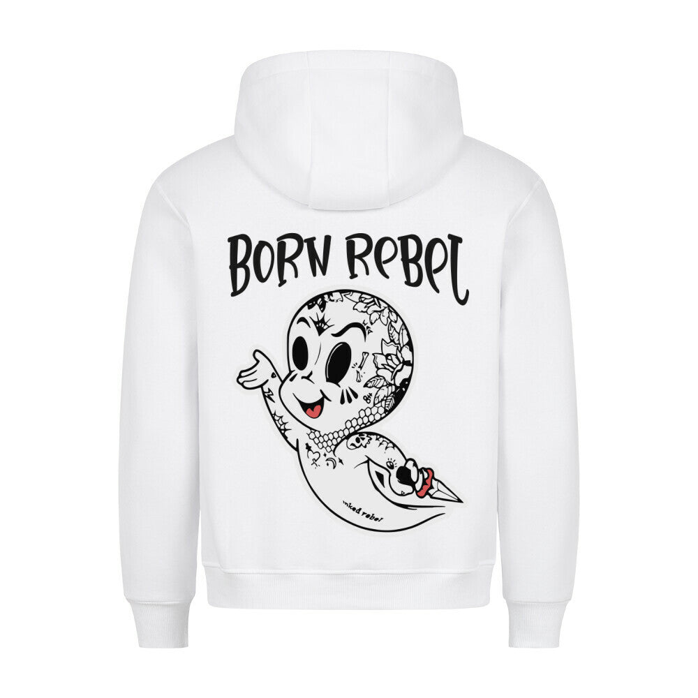 Born Rebel - Backprint Hoodie Hoodie  S Weiß  Tattoo Fashion von inked-mafia.de. Dieses Teil gehört in jeden Kleiderschrank eines inked-rebels! Finde ideale Geschenke für Tätowierte, Tattoofans oder Tätowierer.