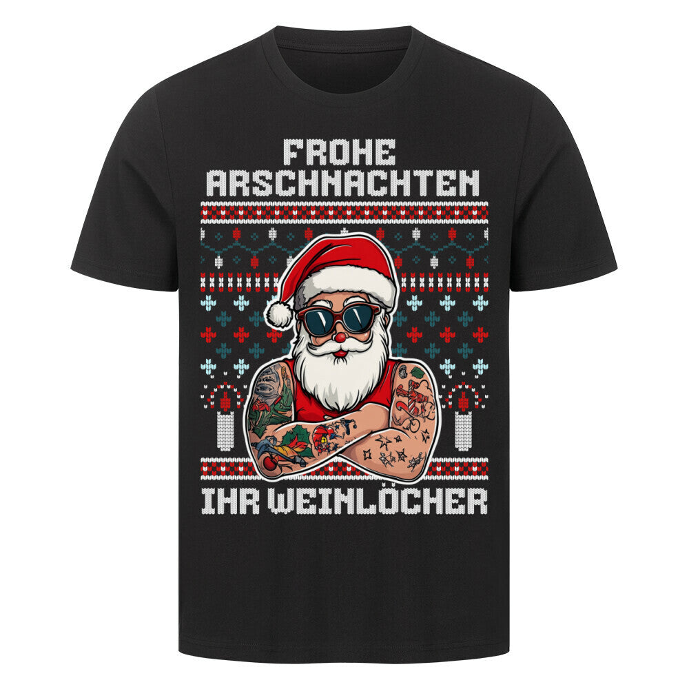 Frohe Arschnachten - Unisex Weihnachtsshirt T-Shirt  S Schwarz  Tattoo Fashion von inked-mafia.de. Dieses Teil gehört in jeden Kleiderschrank eines inked-rebels! Finde ideale Geschenke für Tätowierte, Tattoofans oder Tätowierer.