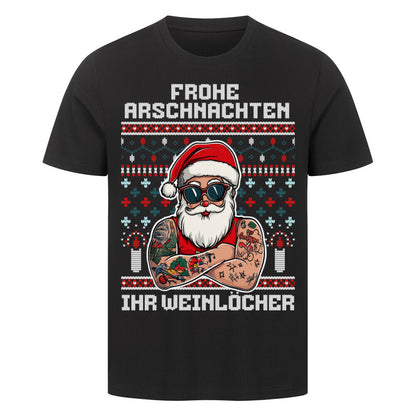 Frohe Arschnachten - Unisex Weihnachtsshirt T-Shirt  S Schwarz  Tattoo Fashion von inked-mafia.de. Dieses Teil gehört in jeden Kleiderschrank eines inked-rebels! Finde ideale Geschenke für Tätowierte, Tattoofans oder Tätowierer.