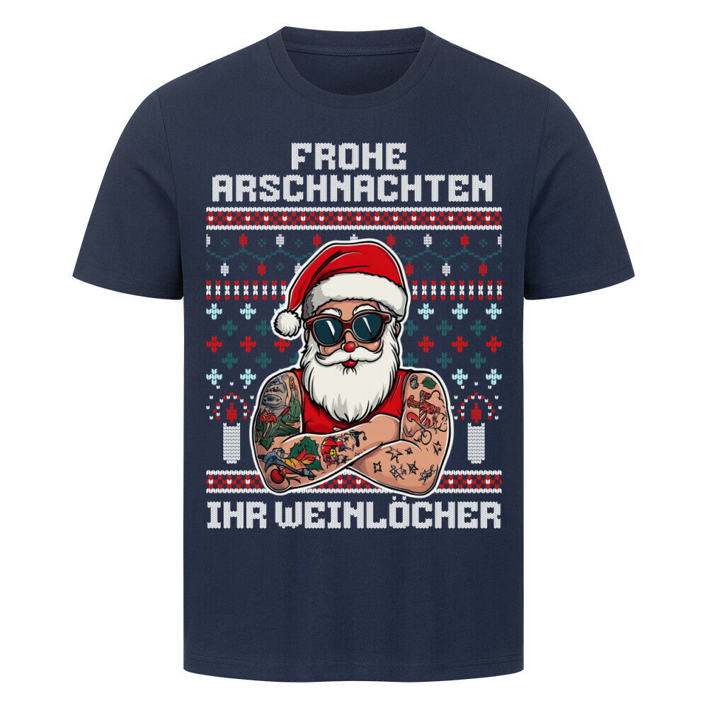 Frohe Arschnachten - Unisex Weihnachtsshirt T-Shirt  S Navy Blue  Tattoo Fashion von inked-mafia.de. Dieses Teil gehört in jeden Kleiderschrank eines inked-rebels! Finde ideale Geschenke für Tätowierte, Tattoofans oder Tätowierer.