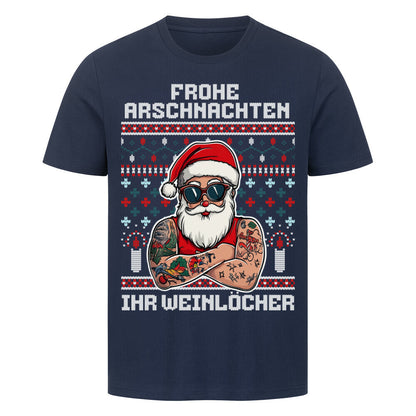 Frohe Arschnachten - Unisex Weihnachtsshirt T-Shirt  S Navy Blue  Tattoo Fashion von inked-mafia.de. Dieses Teil gehört in jeden Kleiderschrank eines inked-rebels! Finde ideale Geschenke für Tätowierte, Tattoofans oder Tätowierer.