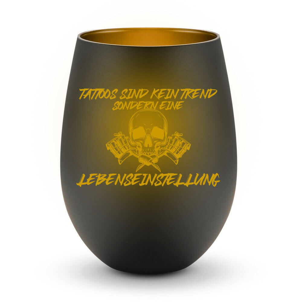 Lebenseinstellung - Windlicht LaserPng  Standard Schwarz-Gold  Tattoo Fashion von inked-mafia.de. Dieses Teil gehört in jeden Kleiderschrank eines inked-rebels! Finde ideale Geschenke für Tätowierte, Tattoofans oder Tätowierer.