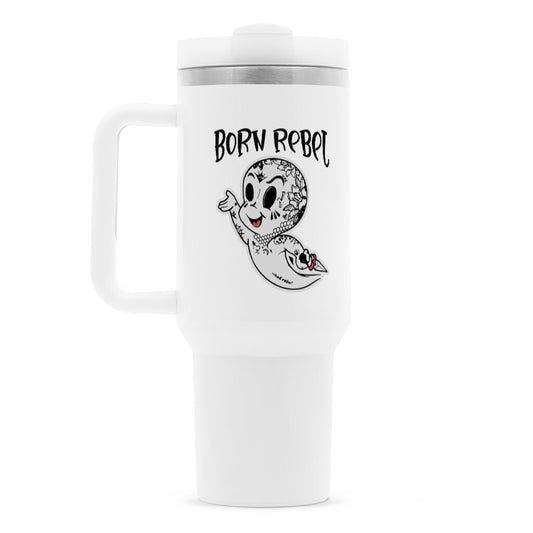 Born Rebel - Thermobecher Mug  1200ml Weiß  Tattoo Fashion von inked-mafia.de. Dieses Teil gehört in jeden Kleiderschrank eines inked-rebels! Finde ideale Geschenke für Tätowierte, Tattoofans oder Tätowierer.