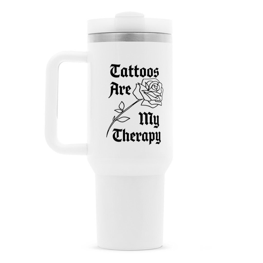 Therapy - Thermobecher Mug  1200ml Weiß  Tattoo Fashion von inked-mafia.de. Dieses Teil gehört in jeden Kleiderschrank eines inked-rebels! Finde ideale Geschenke für Tätowierte, Tattoofans oder Tätowierer.