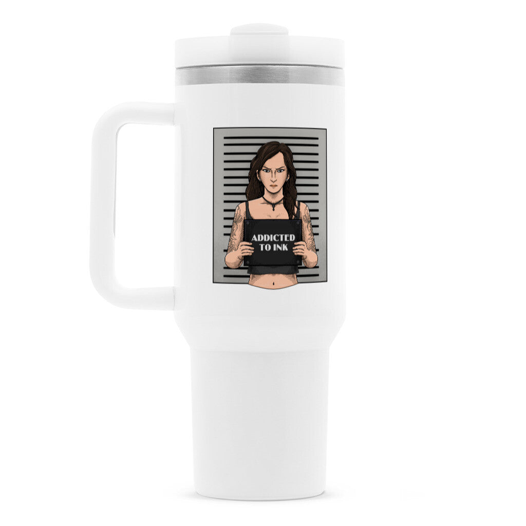 Addicted to ink - Thermobecher Mug  1200ml Weiß  Tattoo Fashion von inked-mafia.de. Dieses Teil gehört in jeden Kleiderschrank eines inked-rebels! Finde ideale Geschenke für Tätowierte, Tattoofans oder Tätowierer.