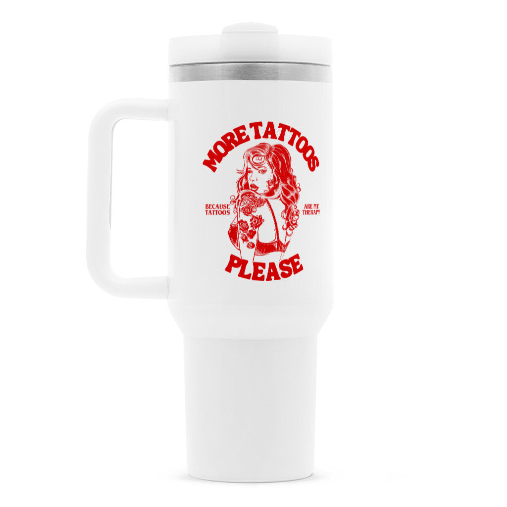 More Tattoos - Thermobecher Mug  1200ml Weiß  Tattoo Fashion von inked-mafia.de. Dieses Teil gehört in jeden Kleiderschrank eines inked-rebels! Finde ideale Geschenke für Tätowierte, Tattoofans oder Tätowierer.