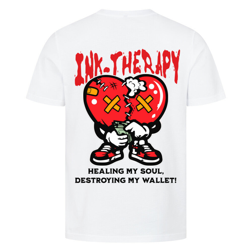 Ink-Therapy - Premium Backprint Shirt T-Shirt S Weiß Tattoo Fashion von inked-mafia.de. Dieses Teil gehört in jeden Kleiderschrank eines inked-rebels! Finde ideale Geschenke für Tätowierte, Tattoofans oder Tätowierer.